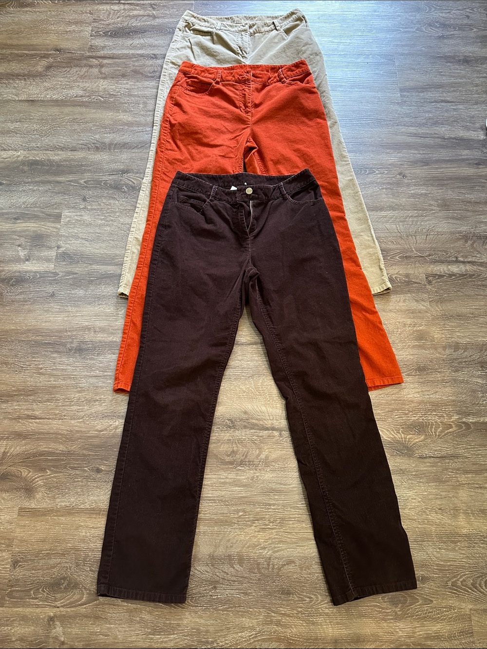 Kate Hill Trio Straight-Leg Corduroy Pants in Brown, Orange & Tan